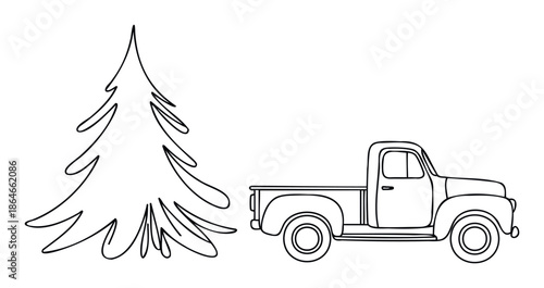 Outline of an old vintage pickup truck next to a Christmas tree, ideal for seasonal decorations, holiday themed promotions, or as a printable activity sheet.