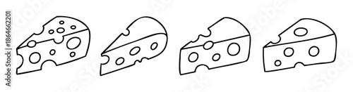 Simple linear cheese wedge icons for food packaging, grocery store advertisements, restaurant menu graphics, or cooking blog content.