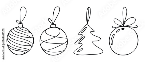 Simple black line drawings of Christmas ornaments including festive balls and a tree shape, perfect for holiday greetings, gift wrapping, or seasonal branding materials