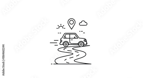 Simplified graphic of a vehicle traversing a winding route under a bright sun, indicating guided journey and destination arrival