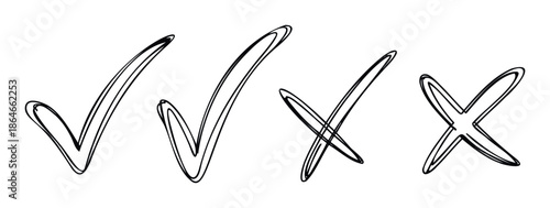Hand drawn scribble checkmarks and cross marks for indicating success or failure, perfect for user interface elements and educational content applications