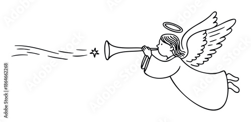 A joyful flying angel plays a musical trumpet, sending forth a bright guiding star, perfect for holiday greetings, spiritual projects, or festive childrens book illustrations.
