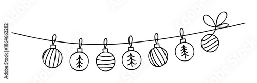 Hand drawn Christmas ornaments garland line drawing perfect for festive winter holiday celebrations, greeting posters, seasonal invitations, and social media event promotions.