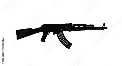 Vector illustration of a classic automatic rifle silhouette on a stark white background representing powerful weaponry