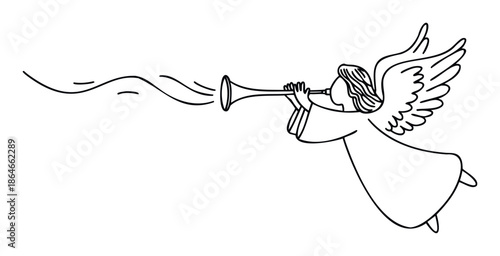 Minimalist line art drawing of an angel playing a trumpet, symbolizing a divine announcement or festive music, ideal for Christmas greetings, holiday decorations, or spiritual graphic