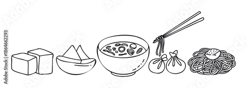 Asian food collection hand drawn in a simple doodle style featuring tofu, soup, noodles, and dumplings for restaurant menus or recipe book graphics.