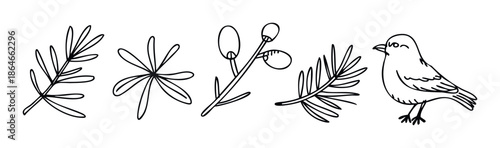Simple outline drawings of natural elements including plants, leaves, berries, and a bird for various crafting projects and decorative graphic applications.