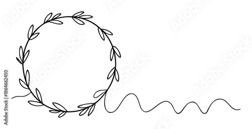 Decorative simple leaf wreath with an elegant wavy line extending gracefully, perfect for wedding stationery, minimalist branding, or festive greeting designs to add a touch of organic