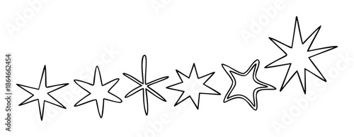 A collection of stylized star outlines in different shapes and forms, perfect for graphic design projects, holiday decorations, or award recognition templates.