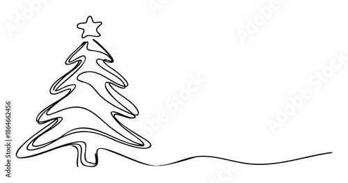 Elegant single continuous line drawing of a stylized Christmas tree topped with a star, ideal for festive holiday greetings, winter seasonal decorations, or minimalist event invitations