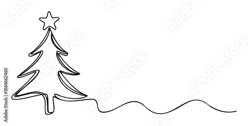 Continuous line drawing of a festive Christmas tree with a star on its peak and a flowing wavy line, perfect for holiday greetings, winter season invitations, and celebratory event