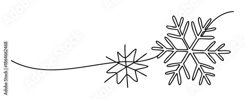 Minimalist black line art snowflakes connected by a continuous flowing line representing winter holidays and cold weather perfect for seasonal greeting cards, party invitations, or elegant