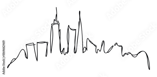 Dynamic continuous line drawing portraying an abstract urban skyline with various stylized buildings ideal for corporate presentations, architectural concepts, and contemporary graphic