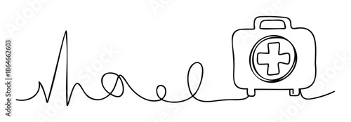Continuous one line drawing forming the word heal and a medical first aid kit, ideal for illustrating themes of recovery, health, and medical support.
