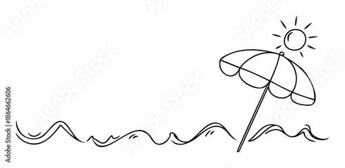 Stylized summer beach vacation line drawing featuring a prominent beach umbrella and a cheerful sun over a series of flowing ocean waves suitable for seasonal travel promotions and graphic