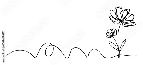 Simple elegant continuous line drawing depicting two delicate blooming flowers connected by a flowing stem ideal for modern greeting cards invitations or sophisticated branding projects.
