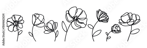 A collection of minimalist black line art flowers with abstract organic shapes, perfect for modern graphic projects, elegant greeting cards, or decorative textile prints.