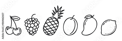A collection of simple black outline fruit drawings including cherries, grapes, pineapple, mango, and lemon, perfect for healthy food branding, recipe blogs, or tropical snack packaging