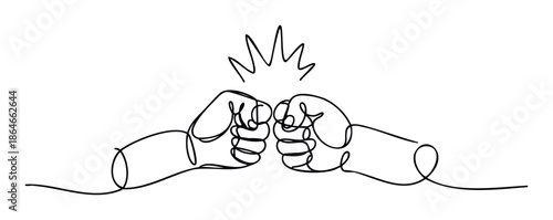 Dynamic continuous line drawing of two hands meeting in a powerful fist bump gesture, symbolizing teamwork, partnership, and successful collaboration, ideal for business and sports concepts.