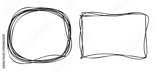 Hand drawn circle and square frames with a scribbled informal black line texture perfect for overlaying on documents presentations or digital media as casual graphic emphasis elements