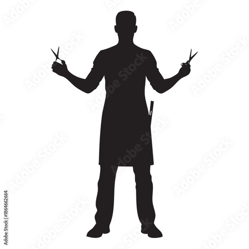 Silhouette of a man holding scissors in both hands