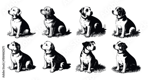 Set of endearing canine illustrations showcasing loyal puppies in diverse sitting postures on patches of grass, suitable for pet store branding, veterinary clinic promotions, or classic