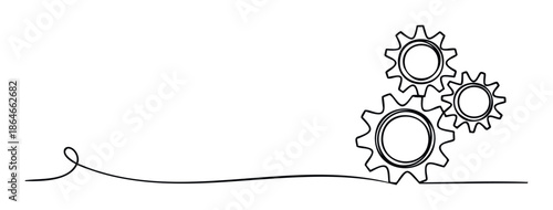 Simple continuous line drawing featuring three interlocking gears representing collaboration, mechanical process, and system integration, ideal for technology and industry related graphics