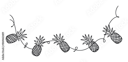 Playful continuous line art featuring a cheerful garland of ripe tropical pineapples, ideal for enhancing summer holiday promotions, beachthemed celebrations, or fun product packaging.