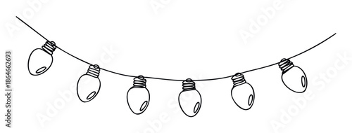 Outline depiction of a hanging decorative string of illumination bulbs, ideal for festive season projects, party invitations, or celebration graphics.
