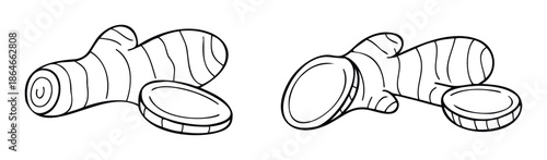 Simple outline drawing of fresh ginger root and sliced pieces, ideal for culinary publications, food blogs, healthy recipe books, and natural health resource materials.