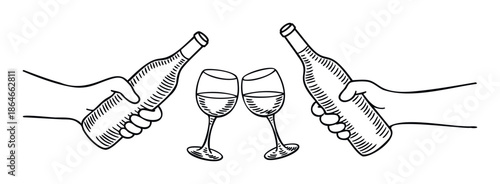 Hands holding beverage bottles clinking wine glasses in a celebratory toast, perfect for conveying friendship, party, or joyous moments in various digital and print media applications.
