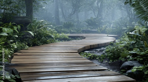 wet wooden trail winding through a vibrant foggy forest
