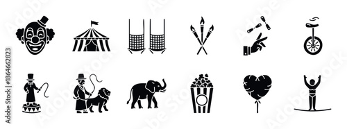A collection of circus performance and attraction icons depicting clowns, tents, animals, and performers perfect for event promotions and entertainment branding materials