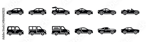 Diverse transportation vehicle icon set featuring black silhouettes of cars, vans, trucks, and convertibles, ideal for modern digital interfaces, navigation systems, and automotive services