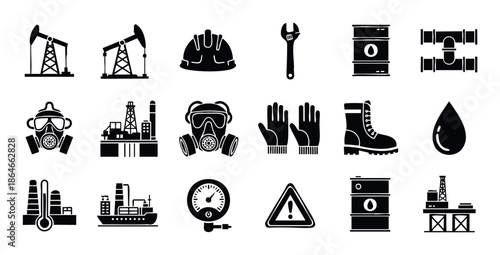 Industrial petroleum and chemical industry flat black icons for energy production, refinery operations, and worker safety equipment for business presentations and infographics.