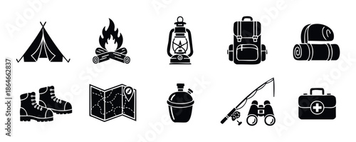 A comprehensive collection of essential camping and hiking equipment icons for various outdoor adventure themed web graphics, infographics, and mobile application elements.