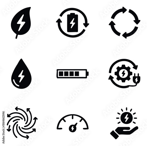 A collection of energy icons including renewable sources like solar, wind, and hydro power, electric charging, and battery indicators for sustainability and technology project applications.