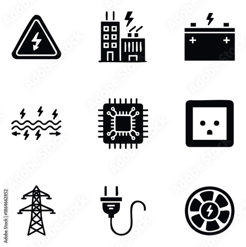 Essential electrical power and energy technology icons, featuring safety warnings, generation, storage, electronics, transmission, and connection, for industrial diagrams.