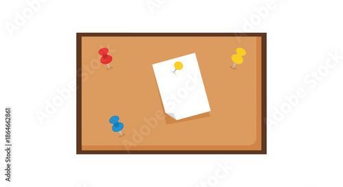 A versatile cork bulletin board with a plain white sheet of paper secured by a yellow pin flanked by red blue and another yellow thumbtack ready for