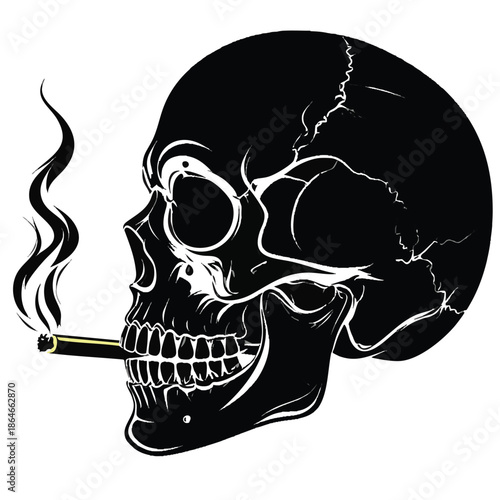 A black and white illustration of a smoking skull with a cigarette in its mouth