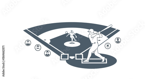Minimalist baseball game illustration depicting a pitcher throwing to a batter on a stylized field with player icons, perfect for sports enthusiasts