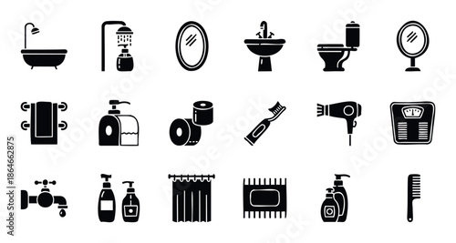 Essential bathroom and personal care items icon collection providing visual resources for interior design websites, home improvement guides, and everyday hygiene infographics.