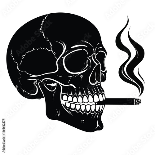 A black and white illustration of a smoking skull with a cigarette in its mouth