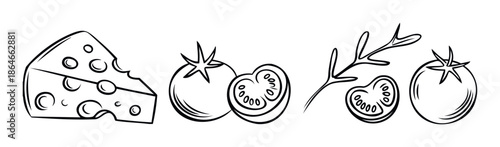 Delicious fresh food ingredients set featuring a cheese wedge, whole and sliced tomatoes, and green herb sprig perfect for culinary blogs, restaurant menus, or grocery store promotions