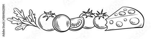 Fresh ingredients including arugula leaves, ripe tomatoes, and a wedge of Swiss cheese perfect for food related publications, healthy recipes, and cooking applications