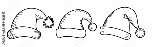 Hand drawn Santa hats collection perfect for Christmas and New Year holiday celebrations and festive decorations ideal for seasonal graphic projects and print materials.
