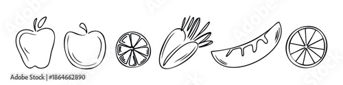 Simple line drawings depicting various fresh fruits and vegetables including apples, orange slices, carrots, and a watermelon slice, suitable for culinary graphics, diet themes, and healthy