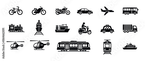 Diverse collection of essential transport vehicle silhouettes providing a versatile resource for travel marketing logistics planning or navigation application interfaces