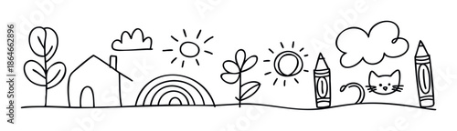 Playful black and white doodle drawing with simple outlines of a house, nature, and school supplies perfect for childrens books, educational materials, and creative projects