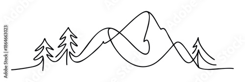 Minimalist black single line drawing of a majestic mountain range with towering evergreen pine trees, ideal for simple logo graphics, outdoor travel themes, or serene natural landscape